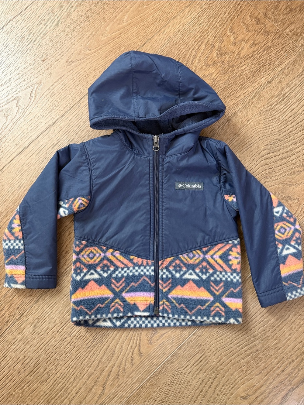 Columbia Navy Hooded Jacket with Orange and Pink Geometric Accents
